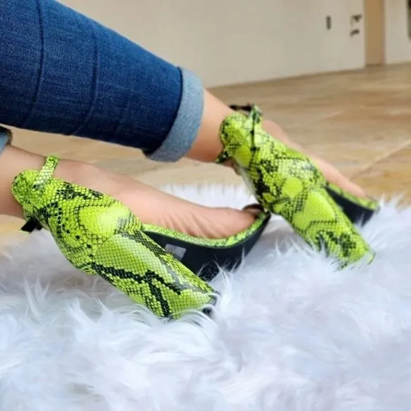 Women's Neon Snakeskin Ankle Strap Chunky‎ Heel
