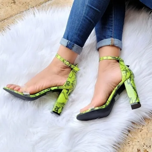 Women's Neon Snakeskin Ankle Strap Chunky‎ Heel