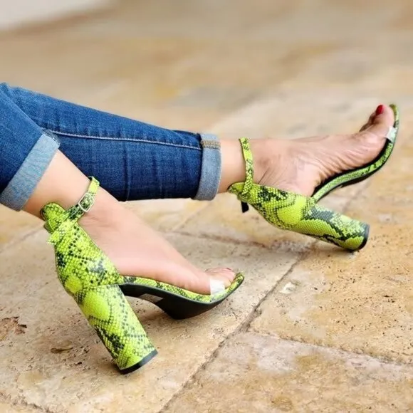 Women's Neon Snakeskin Ankle Strap Chunky‎ Heel
