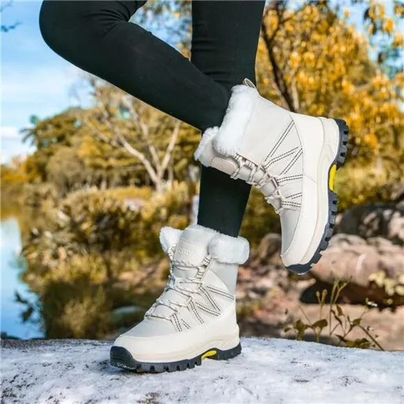 Women's Snow Boots Warm Fur Lined Winter Boots Anti Slip Ankle Boots, Beige