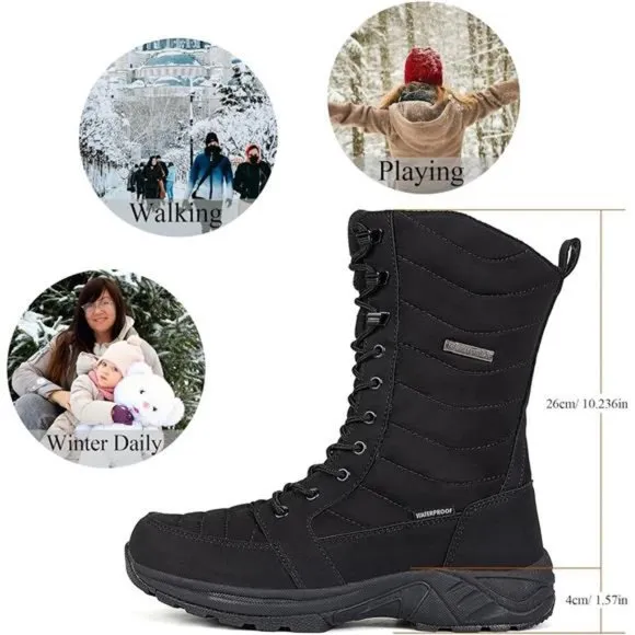 Women's Waterproof Winter Snow Boots with Side Zipper, Black