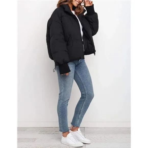 Women's Winter Long Sleeve Zip Puffer Jacket Pockets Baggy Short Down Coats