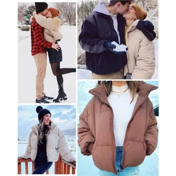 Women's Winter Long Sleeve Zip Puffer Jacket Pockets Baggy Short Down Coats