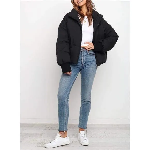 Women's Winter Long Sleeve Zip Puffer Jacket Pockets Baggy Short Down Coats