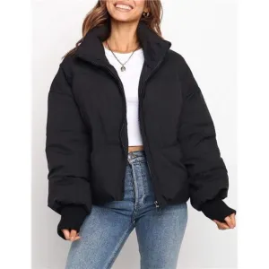 Women's Winter Long Sleeve Zip Puffer Jacket Pockets Baggy Short Down Coats
