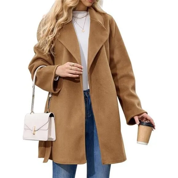 Women's Wool Coat with Pockets Mid-Long Winter Overcoat, Thick Wool &amp; Pea Coat