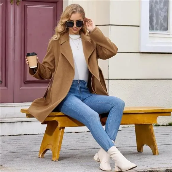 Women's Wool Coat with Pockets Mid-Long Winter Overcoat, Thick Wool &amp; Pea Coat