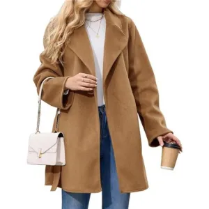 Women's Wool Coat with Pockets Mid-Long Winter Overcoat, Thick Wool &amp; Pea Coat
