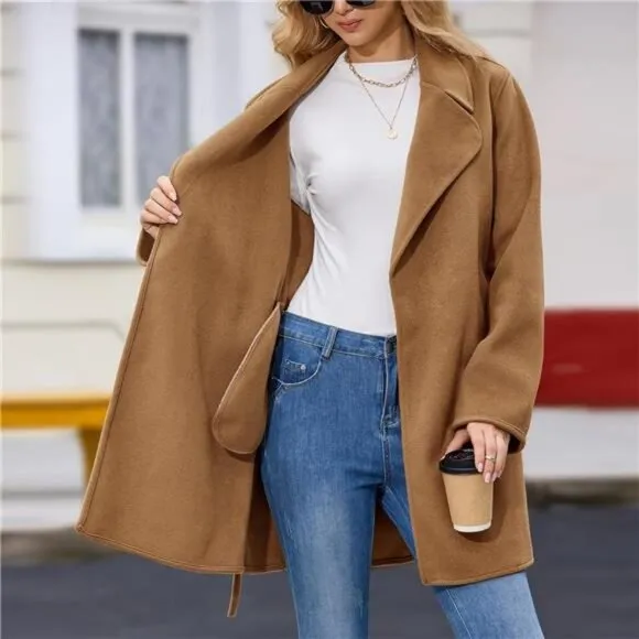 Women's Wool Coat with Pockets Mid-Long Winter Overcoat, Thick Wool &amp; Pea Coat