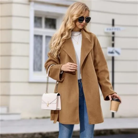 Women's Wool Coat with Pockets Mid-Long Winter Overcoat, Thick Wool &amp; Pea Coat