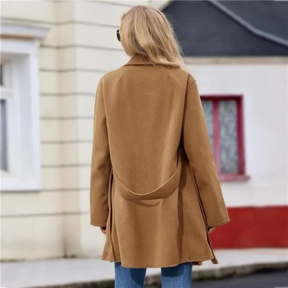 Women's Wool Coat with Pockets Mid-Long Winter Overcoat, Thick Wool &amp; Pea Coat