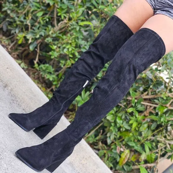 Women's Black Over The Knee pointed Chunky Block Heel Boots