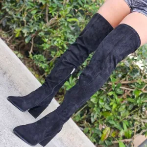 Women's Black Over The Knee pointed Chunky Block Heel Boots