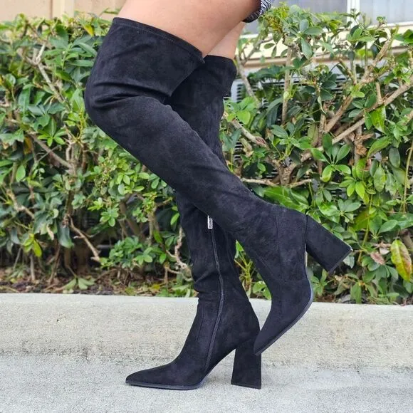 Women's Black Over The Knee pointed Chunky Block Heel Boots