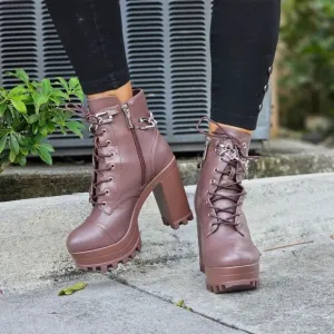 Women's Platform Heel Boots Chunky Ankle Lace Up Mocha Color