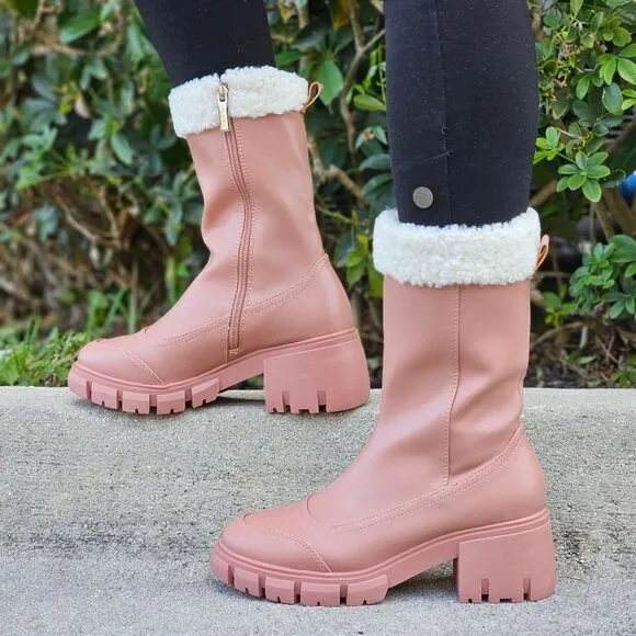 Women's Sherpa Faux Fur Ankle Boot Blush Color