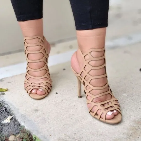 Women's Slingback Stiletto Sandal Peep Toe Hollow Beige Color