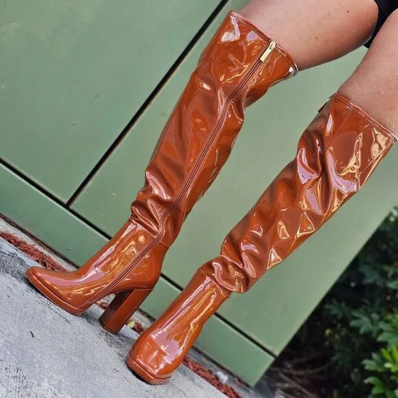 Women's Tan Thigh High Over the Knee Boots Chuncky Heel