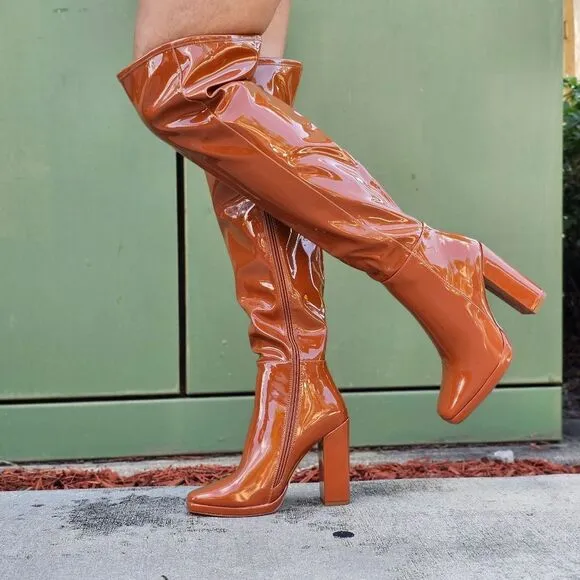 Women's Tan Thigh High Over the Knee Boots Chuncky Heel
