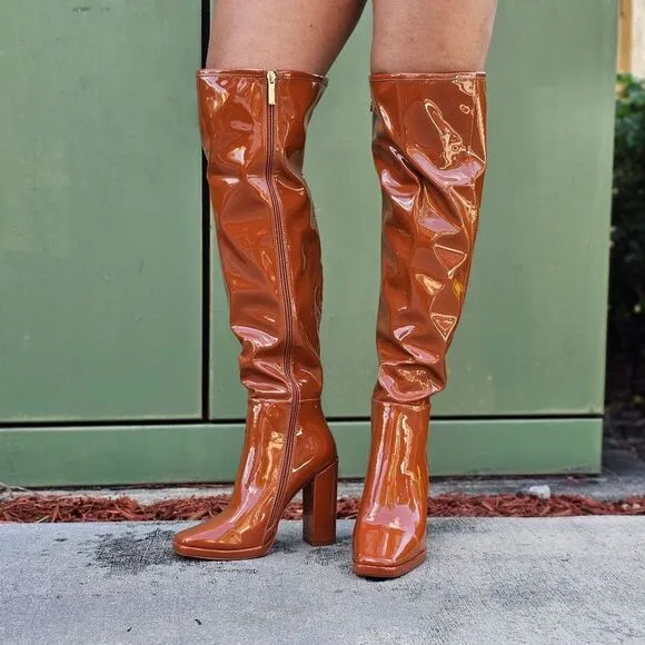 Women's Tan Thigh High Over the Knee Boots Chuncky Heel