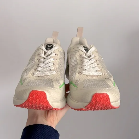 Worn once Veja Candor 2 Alveomesh Natural Cream lime green orange sneakers 7.5