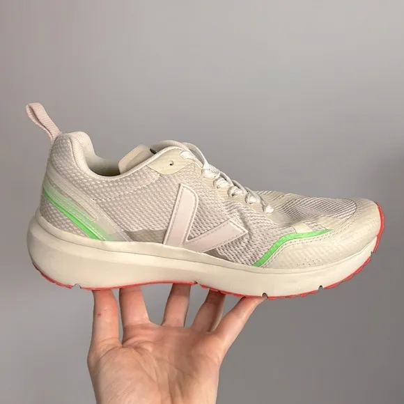 Worn once Veja Candor 2 Alveomesh Natural Cream lime green orange sneakers 7.5