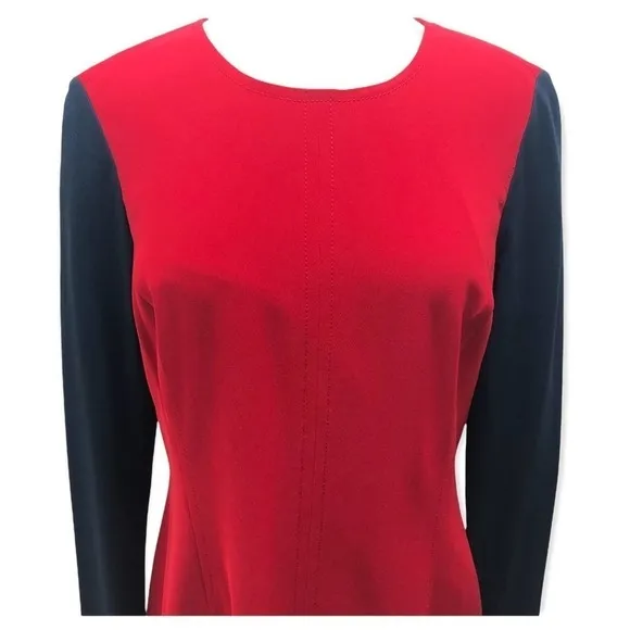 Worth New York NWT Long Sleeve Midi Sheath Dress Red Navy, Size 10