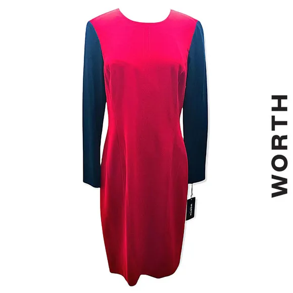 Worth New York NWT Long Sleeve Midi Sheath Dress Red Navy, Size 10