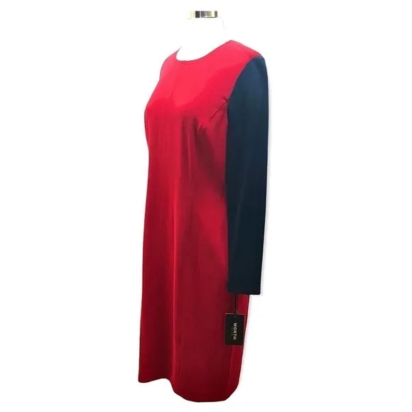 Worth New York NWT Long Sleeve Midi Sheath Dress Red Navy, Size 10