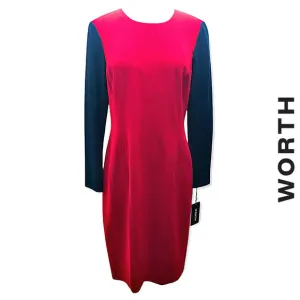 Worth New York NWT Long Sleeve Midi Sheath Dress Red Navy, Size 10