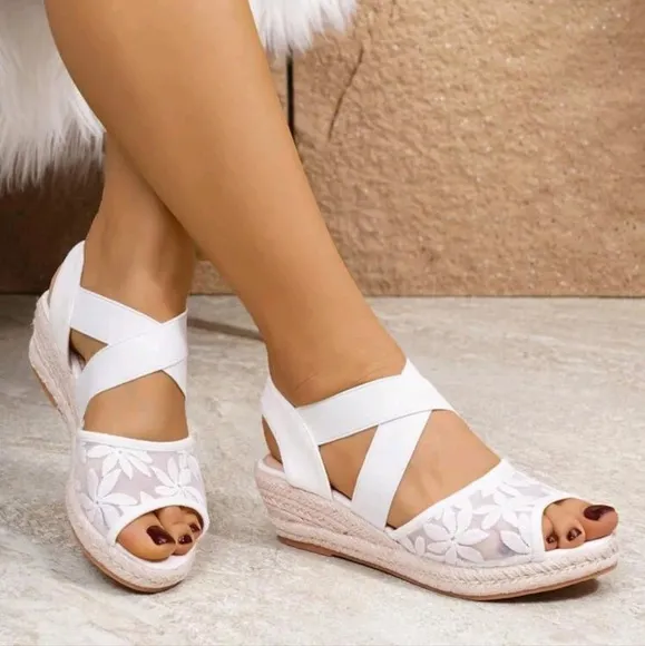 Woven Straw Wedges Sandals For Women, With Elastic Band And Mesh Upper