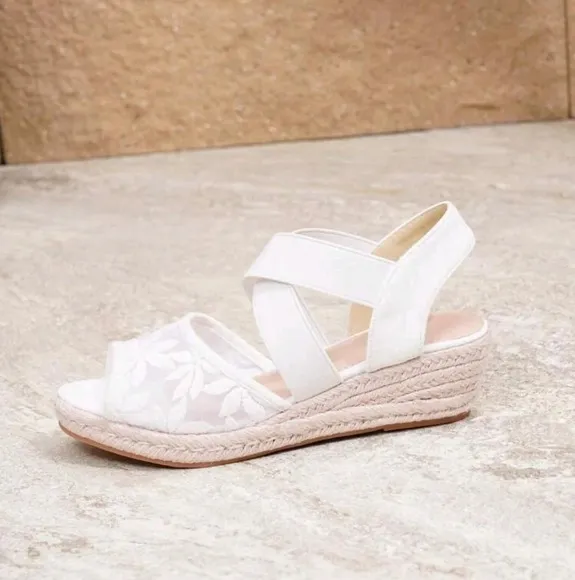 Woven Straw Wedges Sandals For Women, With Elastic Band And Mesh Upper