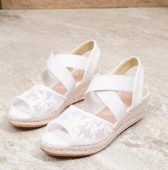 Woven Straw Wedges Sandals For Women, With Elastic Band And Mesh Upper