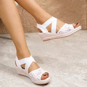 Woven Straw Wedges Sandals For Women, With Elastic Band And Mesh Upper