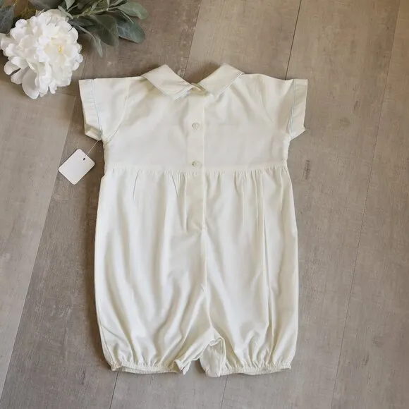 Yellow Smocked Romper Creeper Embroidery Blue Piping Boutique 9 Months New