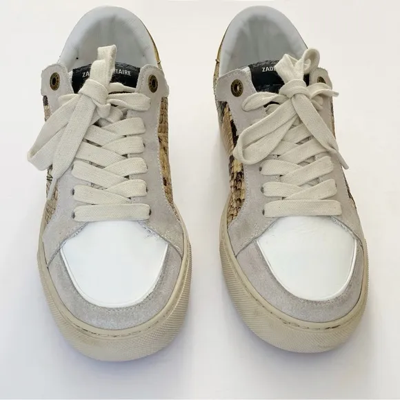 ZADIG &amp; VOLTAIRE BLACK BROWN WHITE GRAY SNAKE PRINT LEATHER LOW TOP SNEAKER shoe