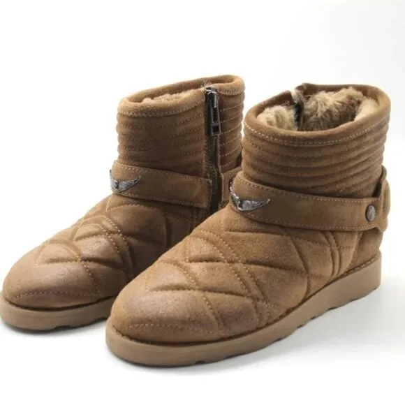 Zadig &amp; Voltaire Brown Quilted Ankle Boots NEW Leather Suede Faux Fur Lined 36