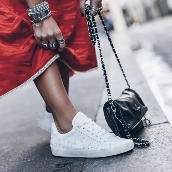 Zadig &amp; Voltaire Leather Distressed Star Applique Lace Up Sneakers White 38 / 7