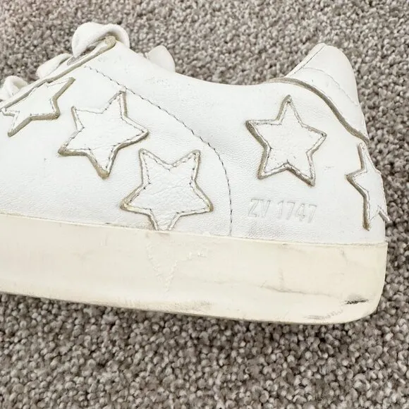 Zadig &amp; Voltaire Leather Distressed Star Applique Lace Up Sneakers White 38 / 7