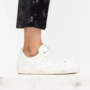 Zadig &amp; Voltaire Leather Distressed Star Applique Lace Up Sneakers White 38 / 7