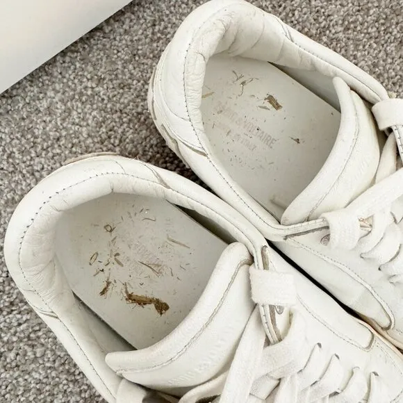 Zadig &amp; Voltaire Leather Distressed Star Applique Lace Up Sneakers White 38 / 7