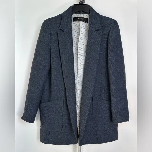 Zara 80’s Style Open Front Pocket Notch Lapel Boucle Tweed Roll Sleeve Blazer M