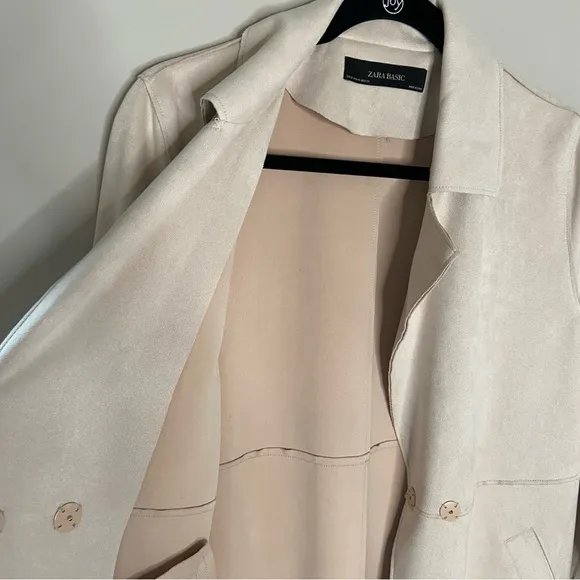 Zara Basic Faux Suede Trench Coat, Neutral Creme, EUC, size M