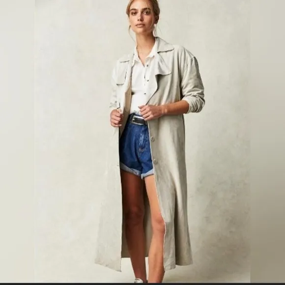 Zara Basic Faux Suede Trench Coat, Neutral Creme, EUC, size M