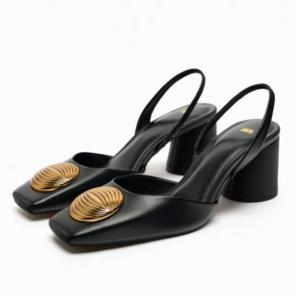 Zara Black Leather Embellished Slingbacks