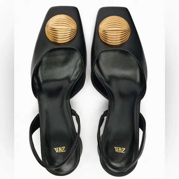 Zara Black Leather Embellished Slingbacks