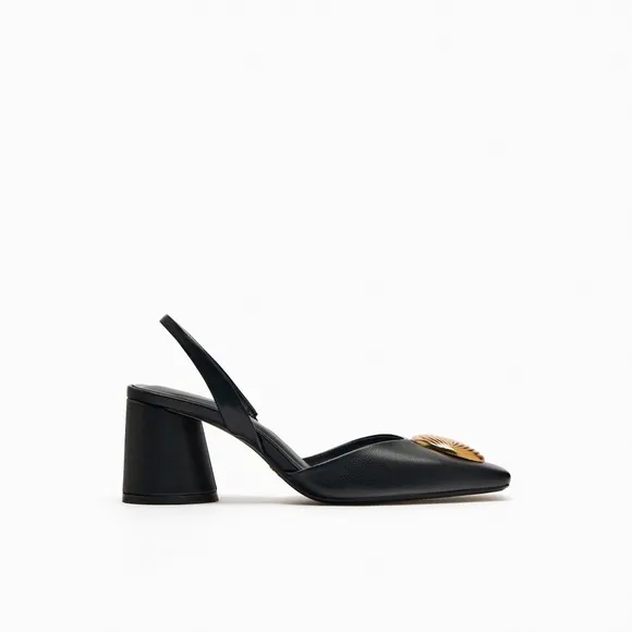 Zara Black Leather Embellished Slingbacks
