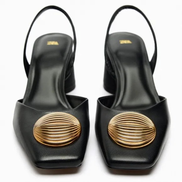 Zara Black Leather Embellished Slingbacks