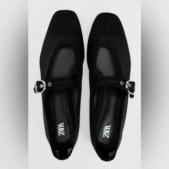 ZARA Mesh Ballerina Ballet Flats with Strap in Black