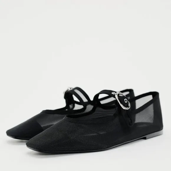 ZARA Mesh Ballerina Ballet Flats with Strap in Black